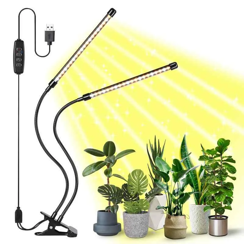 植物育成ライト 植物ライト LED 8W屋内植栽 クリップ式 2ヘッド付き フルスペクトル成長ライト 10レベル調光 タ
